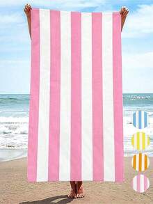 1pc Oversized Pink Striped Beach Towel, Thickened Sand-Proof Soft Blanket, Suitable For Swimming Pool, Beach, Large Beach Towel Shawl For Women, Digital Printing Fast-Drying Bath Towel, Cute Pink & Blue Striped Super Absorbent Sports Towel, Portable Beach Towel For Gym, Marathon, Water-Resistant Anti-Sand Anti-Dust, Essential For Beach Shower, Swimming For Couples, Beach Accessories, Pool Float - Pink - View 1