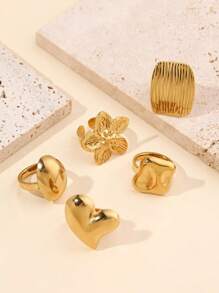 5pcs Stainless Steel Fashionable Exaggerated Golden Flower Heart And Other Shapes Ring Set, Suitable For Ladies To Wear Daily Or Give As Gifts