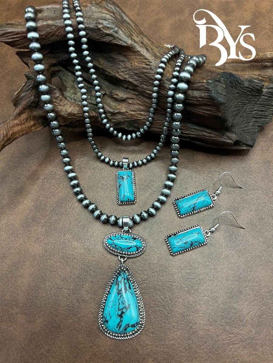 Retro Western Country Style Faux Pearl CCB Beaded Necklace Chain With Water-Drop Pendant, 3 Layers Chain Design, Matching Rectangle Earrings, Suitable For Women And Girls To Pair With Daily Outfit, Party Accessories, Jewelry, Gift For Family/Friends/Yourself