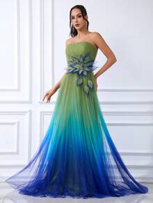 DELLA COUTURE Elegant Luxury Gradient Beaded Sequin Appliques Strapless Floor-Length Evening Gown Ideal For Formal Occasions Such As Banquets Weddings Proms And Parties. - Green - View 2