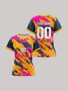 2025 定制运动服，夏季新款休闲户外训练运动单上衣短袖女式运动队俱乐部训练健身球衣上衣，前后印有姓名和号码，透气舒适，适合日常休闲、派对、白色汗衫 - 彩色 - 查看 8