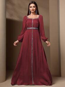 Solessence 女士优雅亮片拼接灯笼袖连衣裙，春夏 - 棗紅色 - 查看 6