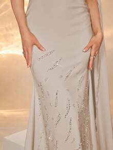 Woman's Plunging Neckline Sleeveless Dress With Long Ribbons, Pleated Bust, Solid Color, Body-Hugging, Exquisite Rhinestone Embellished Elegant Gown (Random Rhinestone Direction) With Back Tie And Mini Fish Tail Hem - Apricot - View 10