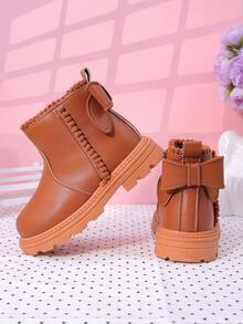 时尚新款儿童蝴蝶结靴，儿童高帮休闲平底踝靴，适合女童 - 棕色 - 查看 6