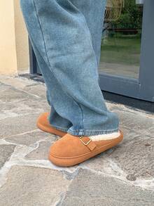 XIXITIAO 1双女士秋冬简约抽绳金属扣复古休闲一脚蹬乐福鞋，毛绒鞋头，浅棕色 - 棕色 - 查看 5