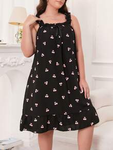 Gaun Midi Tanpa Lengan Kasual Wanita Ukuran Plus Motif Ceri Bahan Chiffon dengan Pita dan Hem Bergelombang, Cocok untuk Semua Musim, Moo Moo - Hitam - View 3