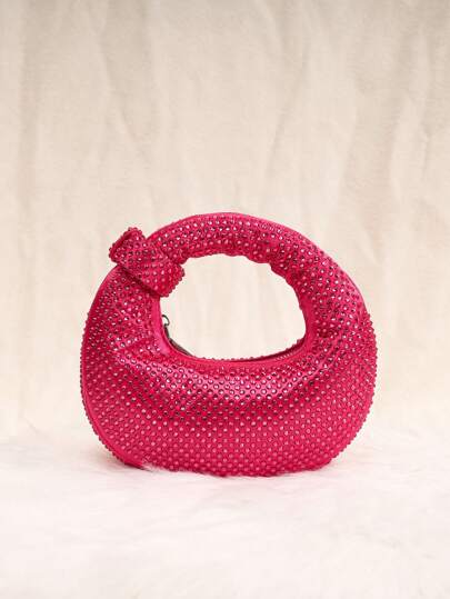 A Gift For Women Sparkling Moon Shaped Bag, Luxurious Rhinestone Embellished Slouchy Shoulder Handbag, Sophisticated Glitter Party Clutch, Interesting Valentine's Day Gift