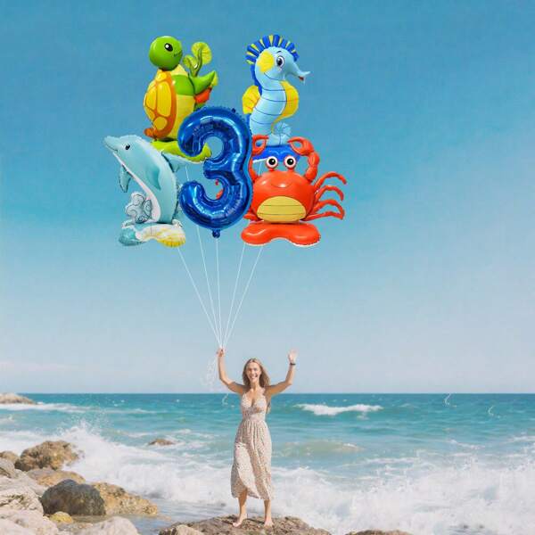 5 pezzi set di palloncini colorati e carini a tema vita marina estiva, includente tartaruga, granchio, delfino, cavalluccio marino, palloncini blu numeri da 1 a 9, adatti per feste di compleanno, feste a tema, decorazioni per la casa, vacanze al mare