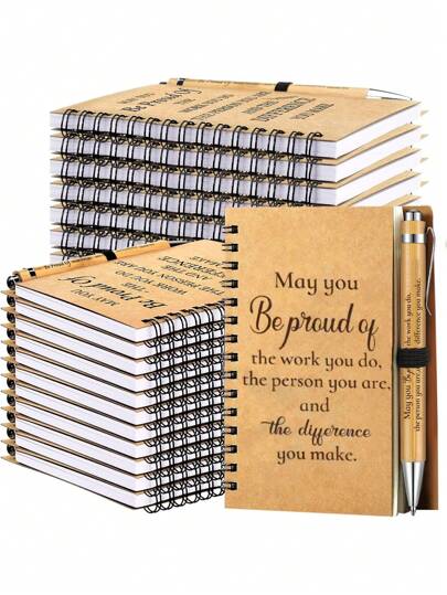 Set Of 20pcs/10sets Motivational Employee/Teacher/Volunteer Appreciation Gifts - Includes Inspirational Bamboo Ballpoint Pen And Spiral Notebook, Thank You Notebook And Mini Spiral Notebook, Wholesale Christmas Gifts For Office, Birthday, Retirement, Holiday (20/12/2pcs)