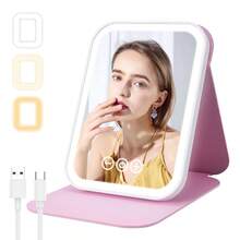 M MISS DREAM Travel Makeup Mirror With Lights, Portable Lighted Beauty Mirror, 3 Color Lighting, Dimmable Touch Screen, Rechargeable And Floding Tabletop LED Make Up Mirror. - Pink - View 6