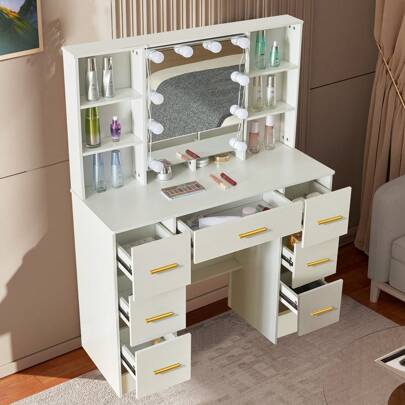 Vanity Set With LED Bulbs Mirror & 7 Drawers Makeup Dressing Table Dresser Desk