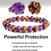 Pulsera de 8 mm de piedras de amatista y ojo de tigre para mujer | Joyería apilable, alivio de la ansiedad, ayuda para dormir, regalo de amuleto de buena suerte