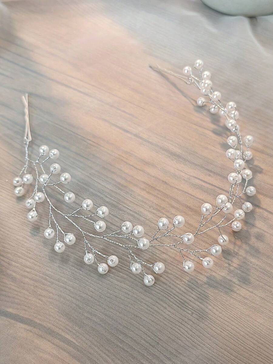 1pc Versatile Minimalist Faux Pearl Bride Headband Clip, Hair Accessory For Wedding Hairstyle - White - View 1