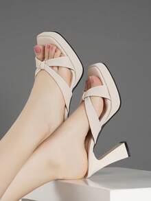 夏季新款女士高跟凉鞋粗跟防水台金属装饰透明一脚蹬 - 杏色 - 查看 4