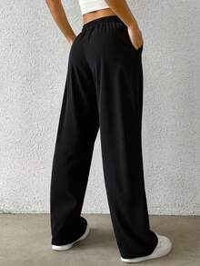 Pantalón rib mujer dama  casuales tiro alto corte recto estilo relajado comodidad máxima - Negro - Ver 2