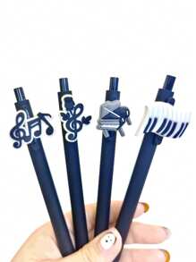 5/10/20pcs Music Note Series Retractable Ballpoint Pens, Medium Point, Plastic Black Barrel With Random Music-Themed PVC Soft Rubber Decals School Supplies,Back To School