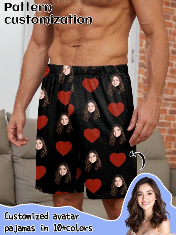 Custom Men's Sleepwear Shorts, Unique Novelty Couple's Portrait, Heart, Holiday Gift, Party Wear