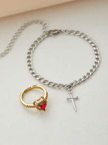 2pcs/Set Creative Heart And Sword Couple Ring Bracelet Collarbone Chain Sword Bracelet Rings Jewelry Set Fashion Accessories For Women Couple Gift Jewelry