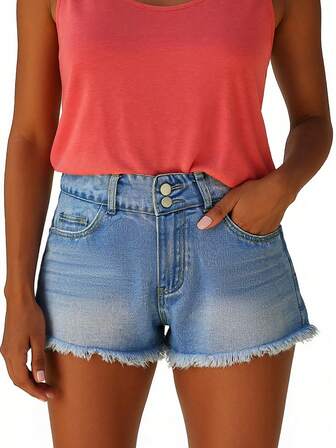 Short en jean décontracté d'été femme, taille mi-haute, fermeture à double bouton, ourlet brut déchiré
