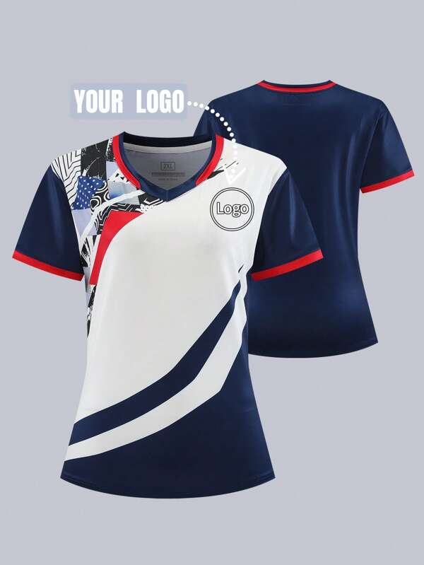 Custom Designed Slim Fit Women Badminton Jersey, Can Print Logo/Photos/Text, Fashionable V-Neck Women's Casual Sports T-Shirt, Quick-Dry Breathable Moisture-Wicking Suitable For Football, Badminton And Volleyball