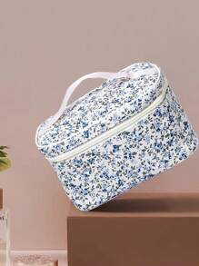 1 件可折叠花卉手提包，花卉图案拉链顶部手柄化妆包，化妆品收纳盒，化妆品收纳包，适合宿舍、女孩、妈妈、学校、旅行、度假、冬季返校