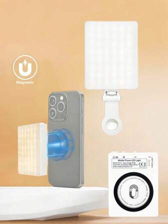 Magnetic Fill Light 96pcs LED With 3 Lighting Mode,Brightness Dimmable Type-C 5V Rechargeable Magnetic For IPhone LED Fill Light Selfie Light, LED Phone Light With Battery Indicator Portable Mini Clip-On Fill Light White Makeup, Live Stream, Zoom Conference Video/Photos Light For Phone, Camera