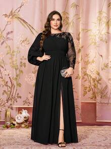 Plus Size Asymmetrical Hem Long Sleeve Sequin Embroidered Patchwork Waist Cinched Slimming Cocktail Party Dress