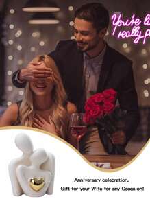 2pcs/1pc 3.35"X2.56" Heart-Shaped Golden Plated Abstract Artistic Ceramic Figurine, Embracing Couple Decoration For Wine Cabinet, Entrance Or Valentine's Day Festival Decoration, Home Decor