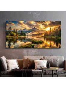 大型无框帆布艺术印刷品 - 金色日出、雪山与倒映水面，现代客厅或卧室墙面装饰，帆布墙面艺术 - 彩色 - 查看 2
