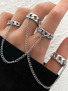 2pcs/Set Retro Hiphop Style Rings & Chain Jewelry Set, Suitable For Men's Daily Wear