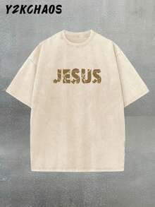 Y2k Men Style Retro Double-Sided Text Pattern Jesus JESUS Cross Print Washed Thickened Cotton T-Shirt - Creative Design, Unisex Casual Street Style, Jesus Surprise Gift, One Retro Washed 230g Top, Thickened Pure Cotton Material - 杏色 - 查看 2