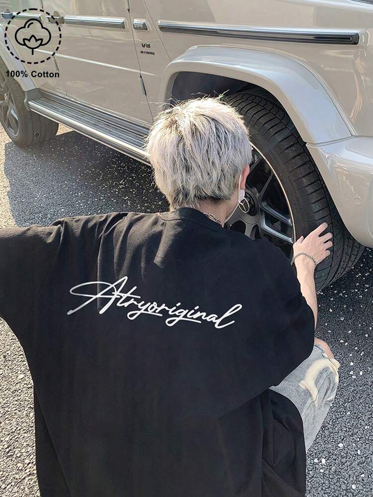 200g Cotton T-Shirt 2025 Men's New Short-Sleeved Cotton Vacation Pattern Short-Sleeved Crew Neck Matching Look - Black - View 1