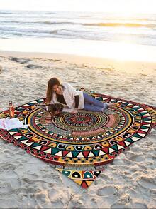 1 件新款户外防水防沙数码印花野餐垫/沙滩巾，时尚清新设计，适合户外露营和野餐 - 彩色 - 查看 2