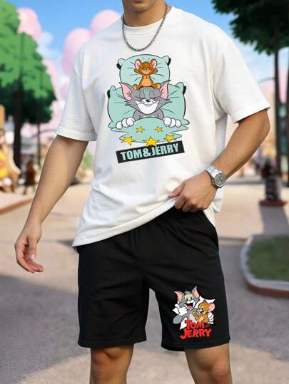 Warner Bros 2pcs Men's T-Shirt With Cartoon Print And Casual Shorts Set, Summer
