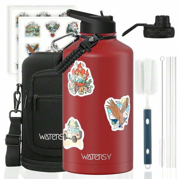 Garrafa térmica Watersy 1 peça,1182ml, 2573ml, 3785ml, garrafa térmica de meio galão, aço inoxidável a vácuo, fria por 48 horas, livre de BPA e à prova de vazamentos, com alça de paracord, alça, tampas de canudo, jarra grande para esportes de academia,vermelho
