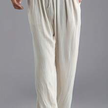 [Plus Size Linen Track Pants] Men'S Plus Size Loose Track Pants Linen Breathable Athletic Pants Are Suitable For Casual Everyday Travel - White - View 1