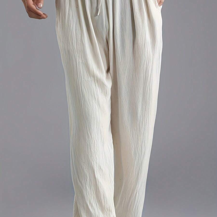 [Plus Size Linen Track Pants] Men'S Plus Size Loose Track Pants Linen Breathable Athletic Pants Are Suitable For Casual Everyday Travel - White - View 1