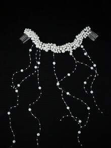 带有编织波浪的珍珠流苏发带，带有配饰风格发带的婚礼发带，优雅的婚礼发型配饰，带梳子的手工制作的皇冠式发饰，适合婚礼、派对和度假。