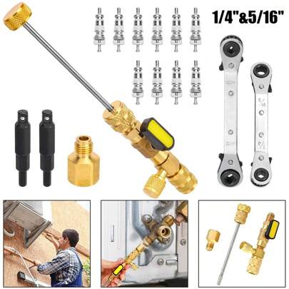 Valve Core Remover Installer Tool And HVAC Service Wrench Set With Hex Bit Adapters, R410A Adapter 5/16 Female 1/4 Male Flare, 3/8'' To 1/4'', 5/16'' X 1/4'' Refrigeration Service Wrench, 10pcs Valve Core