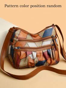 Bolso de hombro de mujer de PU con bloques de color y parches, de gran capacidad con múltiples bolsillos, bolso cruzado para compras, casual, para vacaciones y viajes, bolso de mensajero versátil con monedero y bolsa cuadrada plisada para ir al trabajo diario