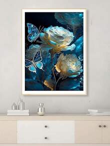 Peinture de diamant 5D DIY fleur bleue et papillon, diamant rond plein, artisanat de décoration pour la maison