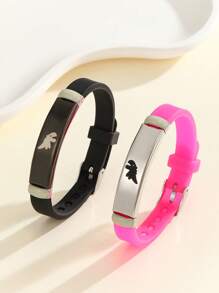 ATLVXJL 2 件套夜光恐龙不锈钢和硅胶情侣/朋友手链套装，适合日常佩戴和情人节礼物