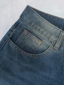 Jeans in denim lavato da donna, stile di strada alla moda con singola fila di pulsanti multipli, jeans dritti, morbidi, casual, retrò, blu, per uso quotidiano - Blu - Visualizzare 8