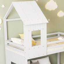 Sairedel Bunk Bed With Slide, House Bed, Children's Bed, With Gate, With Window And Roof, With Three-Step Ladder, Pine + MDF, White, 90x200cm & 140x200cm - 白色 - 查看 4