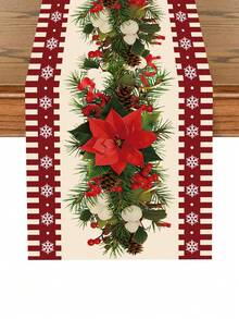1pc Merry Christmas Table Runner, 180*35cm Polyester Tablecloth With Red Flower Pattern, Christmas Decoration, Home Christmas Decor, Christmas Ornament, Kitchen Decor, Dining Table Decor, Desktop Decor - Multicolor - View 6