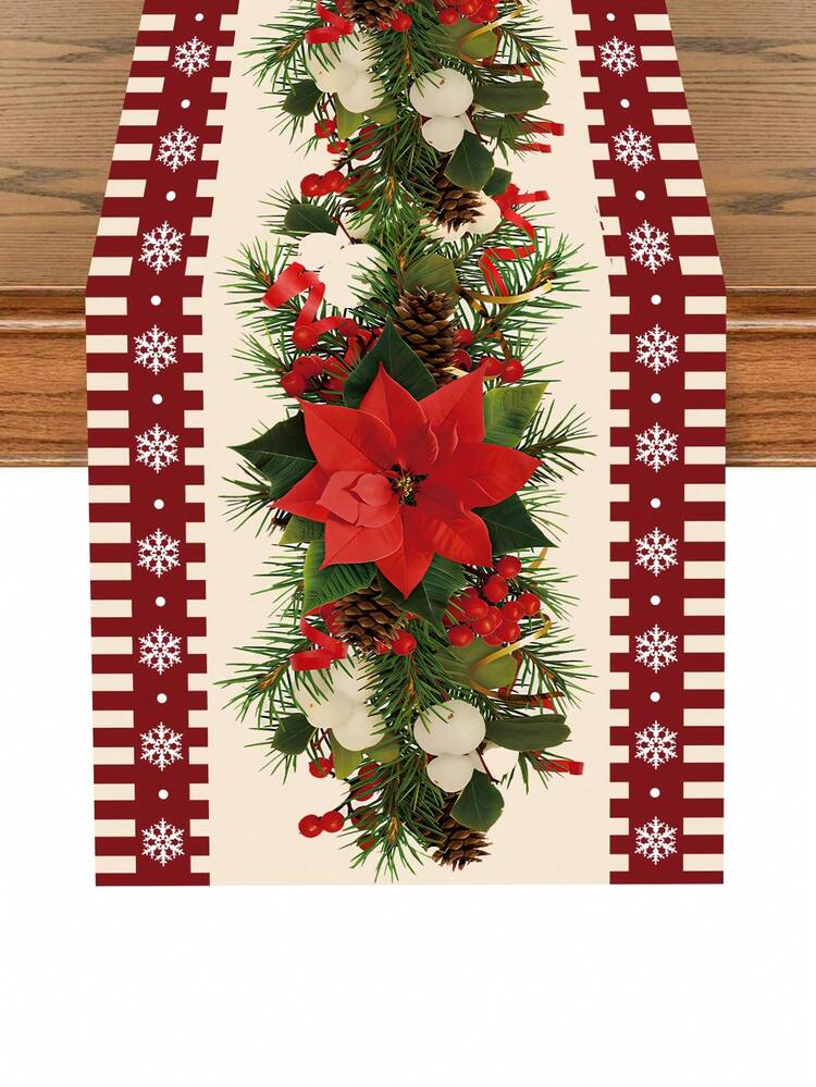 1 件圣诞快乐桌旗，180*35 厘米涤纶桌旗，大红花图案桌布，桌布，圣诞装饰，圣诞装饰，家居圣诞装饰，圣诞饰品，厨房装饰，餐桌装饰，桌面装饰 - 彩色 - 查看 5