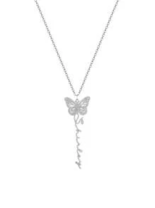 定制可爱蝴蝶名字项链，女士不锈钢蝴蝶吊坠竖草书字母手工珠宝，送给女友、生日、节日的独特礼物