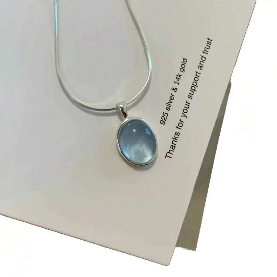 Bohemian Moonstone Neck Chain Gemstone Pendant Round Serpentine Chain Necklace Exquisite Oval Protein Stone Lock Bone Chain Necklace Blue Sapphire Jewelry Women's - 藍色 - 查看 1
