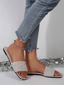 1 paire de sandales plates élégantes pour femmes, style boho sexy et casual en PU perlé, confortables et polyvalentes pour le bureau, l'extérieur, l'école, le mariage, l'été