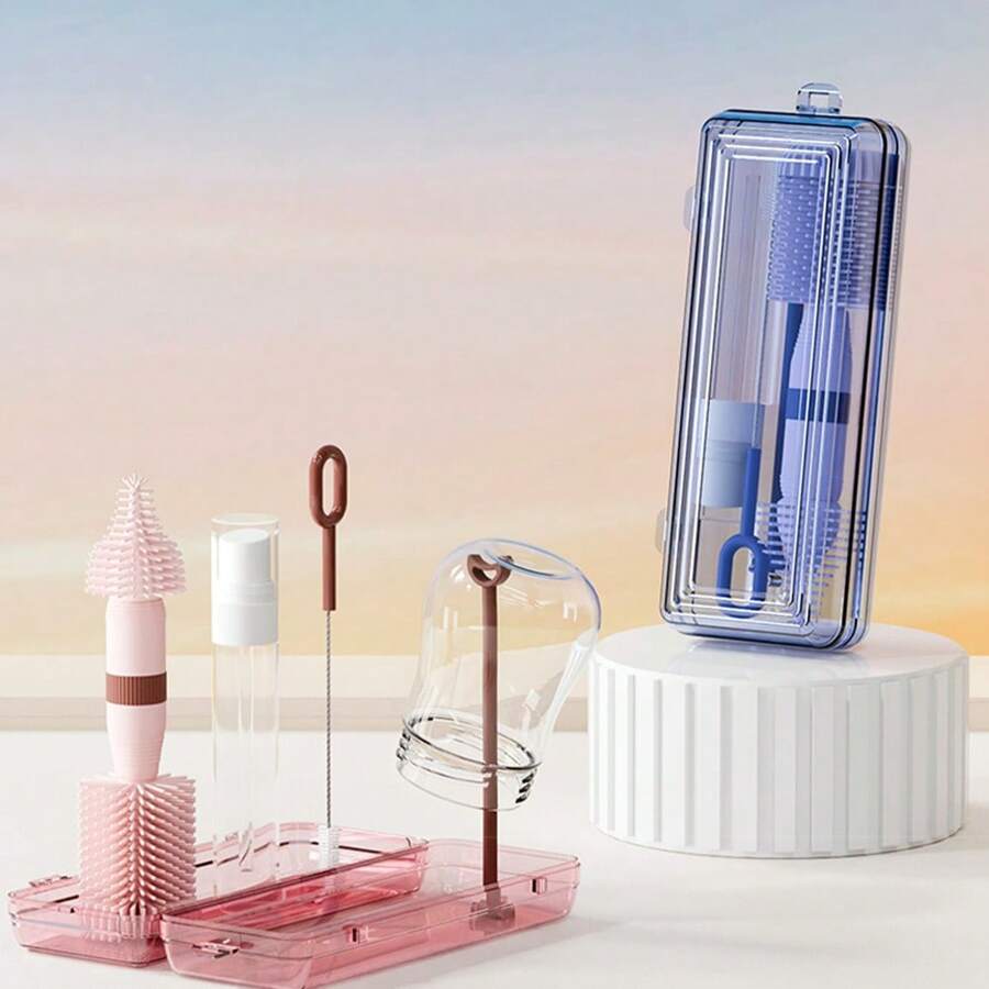 1pc Baby Silicone Portable Bottle Brush With Storage Box, Baby Nipple Brush Drying Rack Travel Set